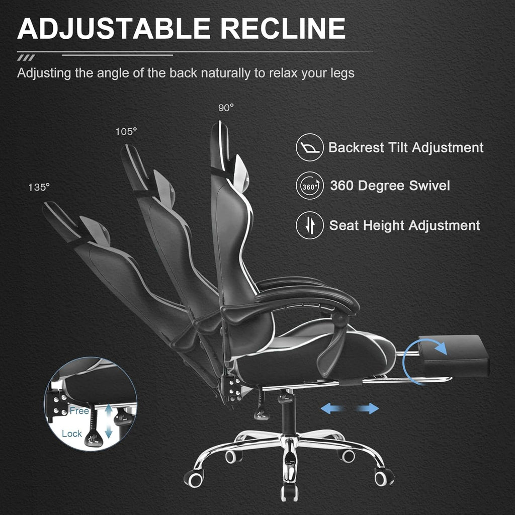 GTPLAYER Gaming Chair, Computer Chair with Footrest and Lumbar Support, Height Adjustable Game Chair with 360  -Swivel Seat and Headrest and for Office or Gaming (White)