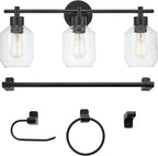 Globe Electric 65556 All-in-One 5-Piece Bathroom Set, Matte Black Finish, 3-Light Vanity with Clear Glass Shades, Towel Ring, Toilet Paper Holder, Robe Hook, and Towel Bar, Modern Bathroom Lighting