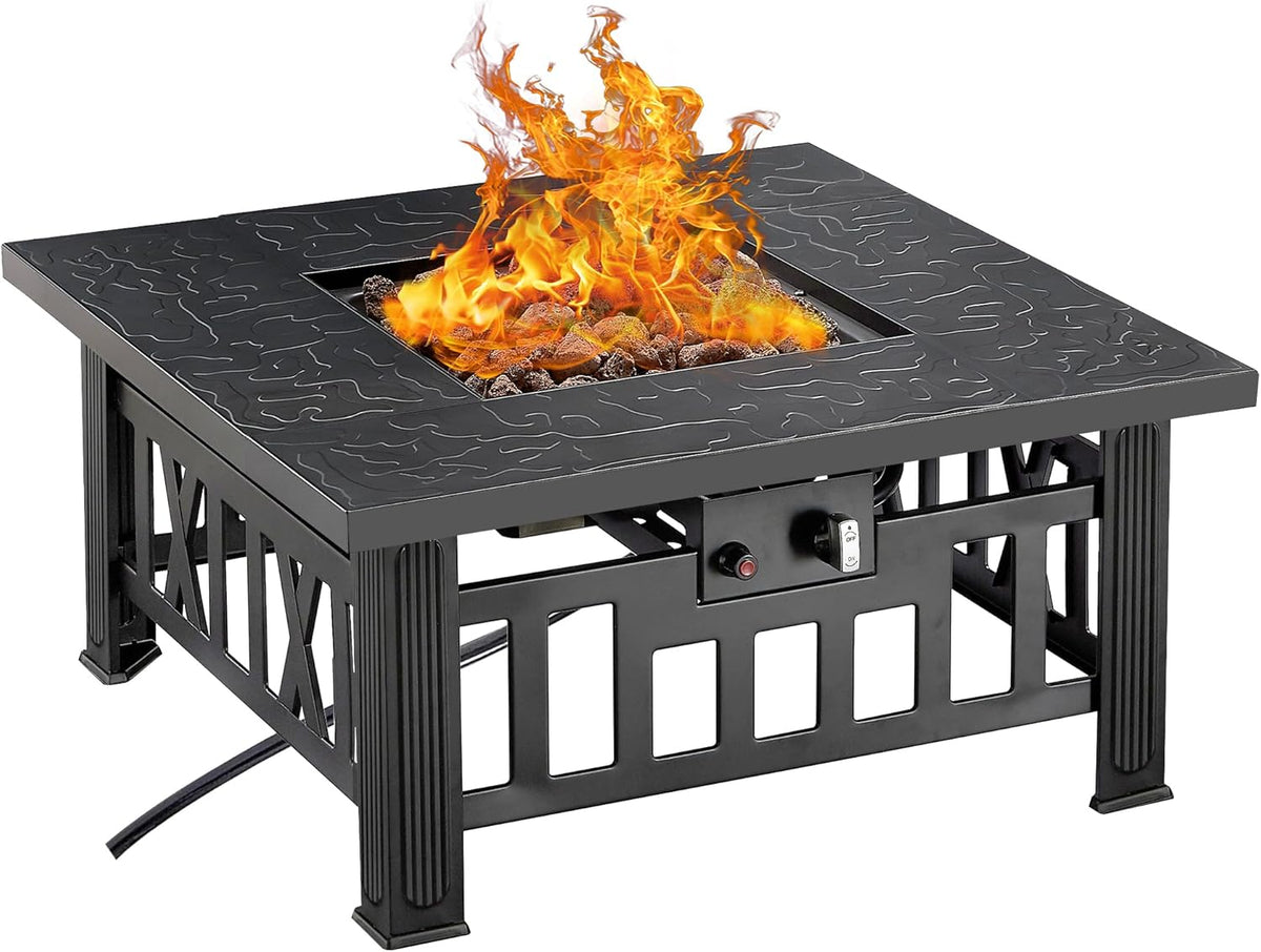VECELO Propane Fire Pit, 30 Inch Outdoor Gas Fire Table, 50,000 BTU Square Firepit with Lid and Lava Rock, Adjustable Flame Steel Fire Table for Outdoor, Patio, Backyard, Party, Black