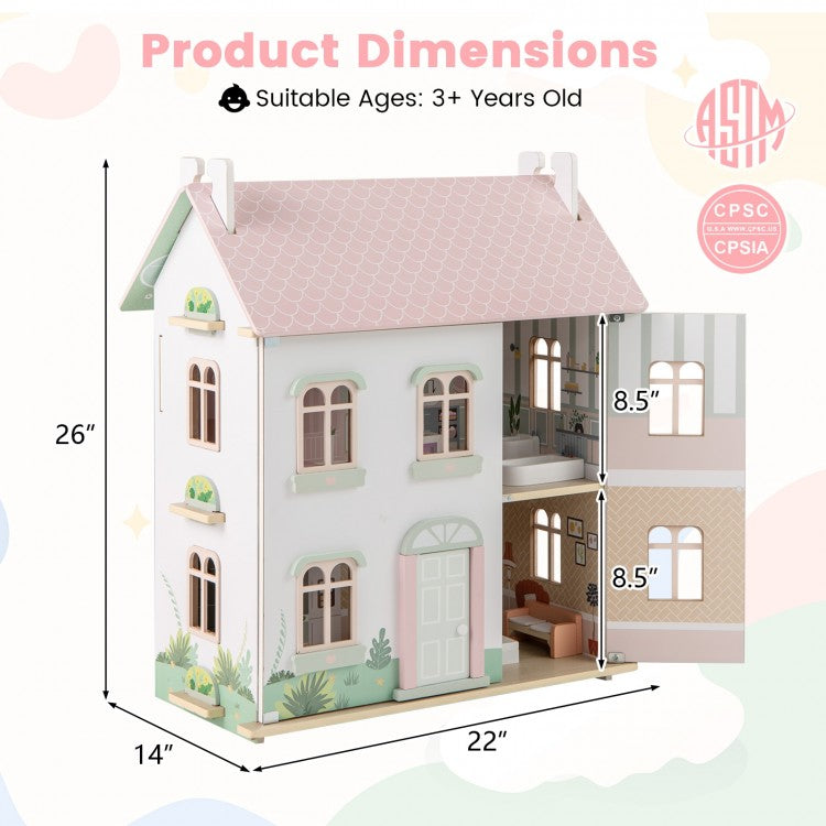 Kids Wooden Dollhouse 3 Level with Double-Sided Roofs and Doors