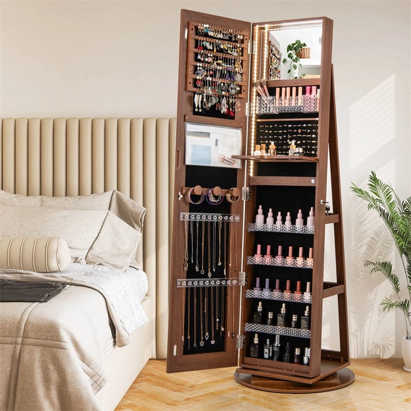 360�� Swivel Jewelry Cabinet Armoire w/ Full Length Mirror 3-Color LED Lights & Rear Shelves, Lockable Standing Jewelry Storage Organizer