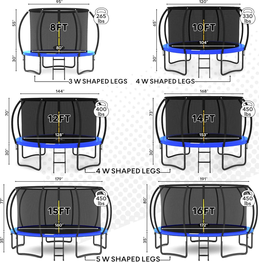 JUMPZYLLA Trampoline 8FT 10FT 12FT 14FT 15FT 16FT Trampoline with Enclosure - Recreational Trampolines with Ladder and AntiRust Coating, ASTM Approval Outdoor Trampoline for Kids
