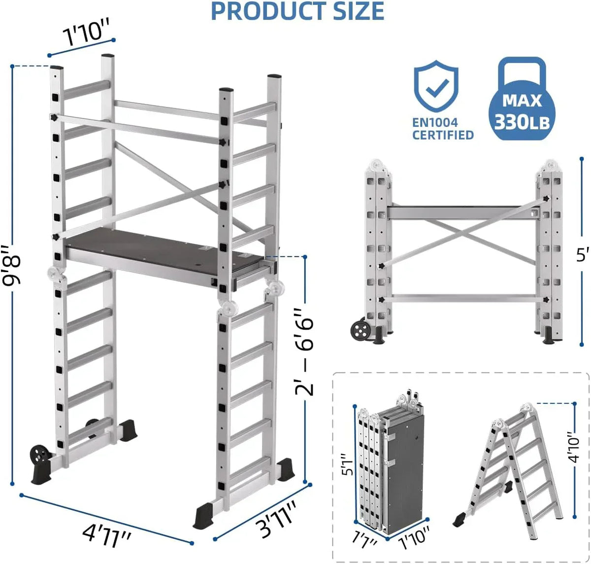Foldable Scaffolding Ladder, Multipurpose Rolling Work Platform, Scaffold Tower, Ladder Stool Bench, Adjustable Platform, 330 Lbs Duty Rate