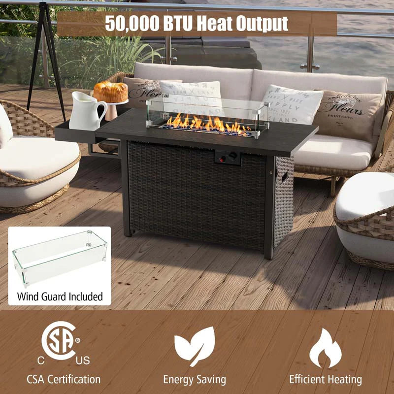 52" 50,000 BTU Outdoor Wicker Gas Fire Pit Propane Fire Table with Waterproof Cover, Wind Guard & Extended Storage Shelf for Patio Backyard
