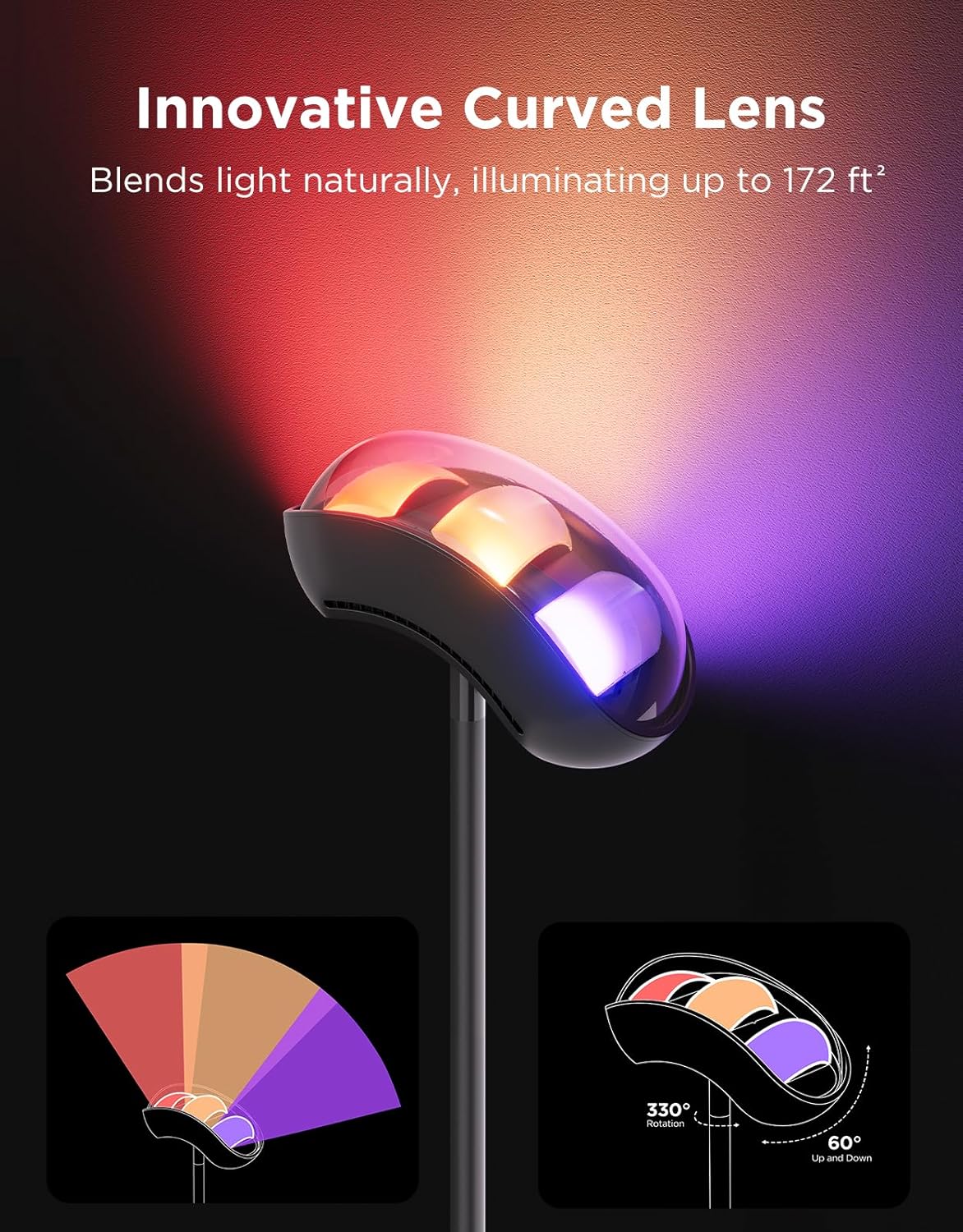 Govee Torchiere Floor Lamp with Matter, Alexa Compatible, RGBIC Warm Cool White Standing Lamp with 77 Scene Modes, Music Sync, 67" Modern Floor Lamps for Living Room Bedroom, Black, 172 ft2 Light Area