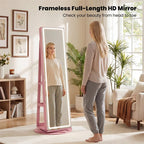 360�� Swivel Jewelry Cabinet Armoire w/ Full Length Mirror 3-Color LED Lights & Rear Shelves, Lockable Standing Jewelry Storage Organizer
