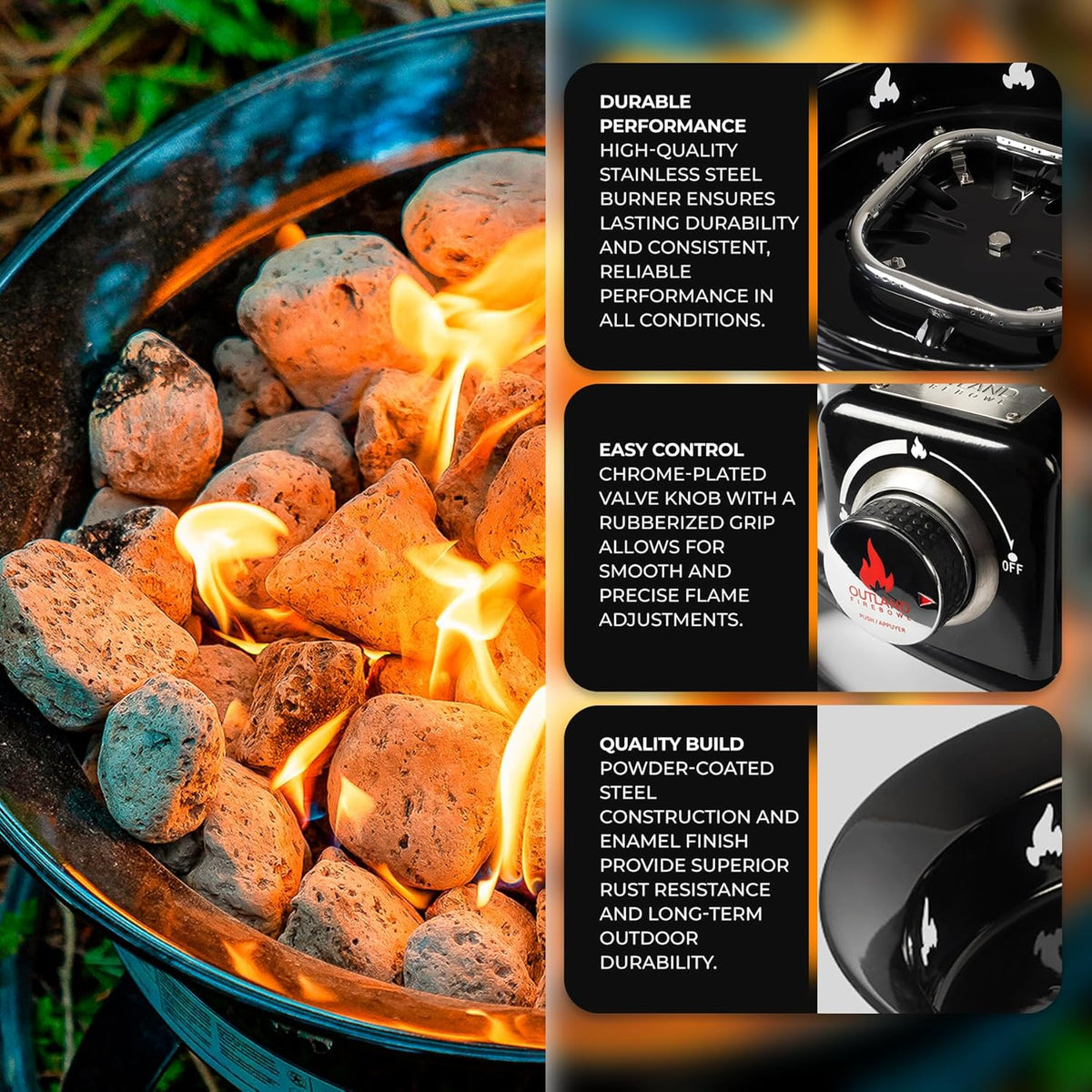 Outland Living Portable Propane Fire Pit, 19-inch, 58,000 BTU with Fire Pit Cover & Carry Kit, Smokeless Gas Firebowl | Perfect for Camping, Patio, Backyard, Tailgating, Deck, RV| Black 893 Deluxe