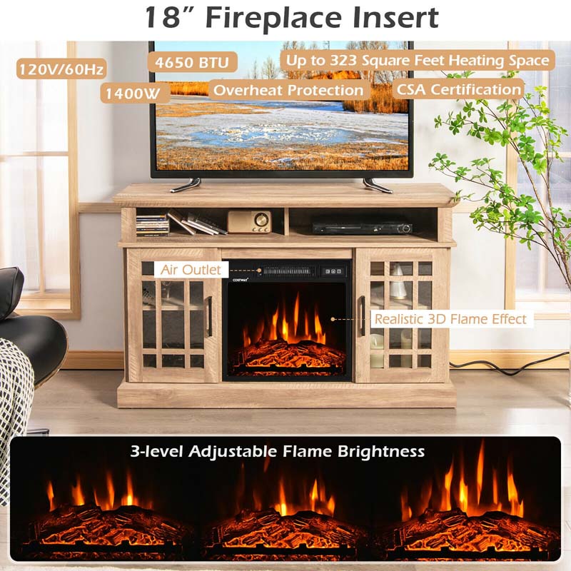 48" TV Console with 18" Fireplace Insert, Fireplace TV Stand for TVs up to 50 Inches, 1400W Electric Fireplace Heater