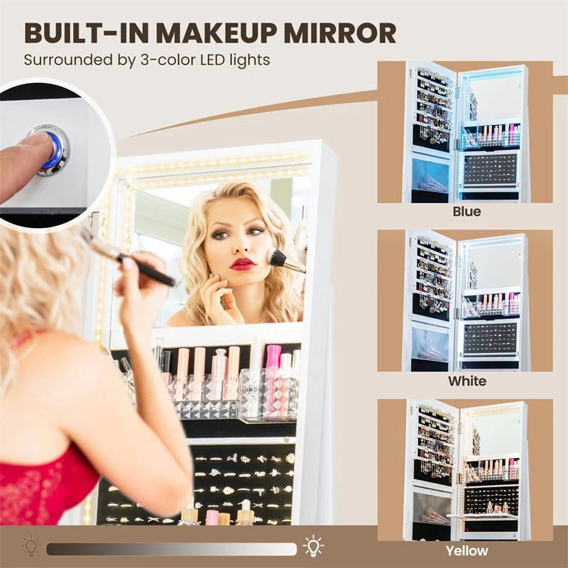 360�� Swivel Jewelry Cabinet Armoire w/ Full Length Mirror 3-Color LED Lights & Rear Shelves, Lockable Standing Jewelry Storage Organizer