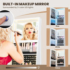 360�� Swivel Jewelry Cabinet Armoire w/ Full Length Mirror 3-Color LED Lights & Rear Shelves, Lockable Standing Jewelry Storage Organizer