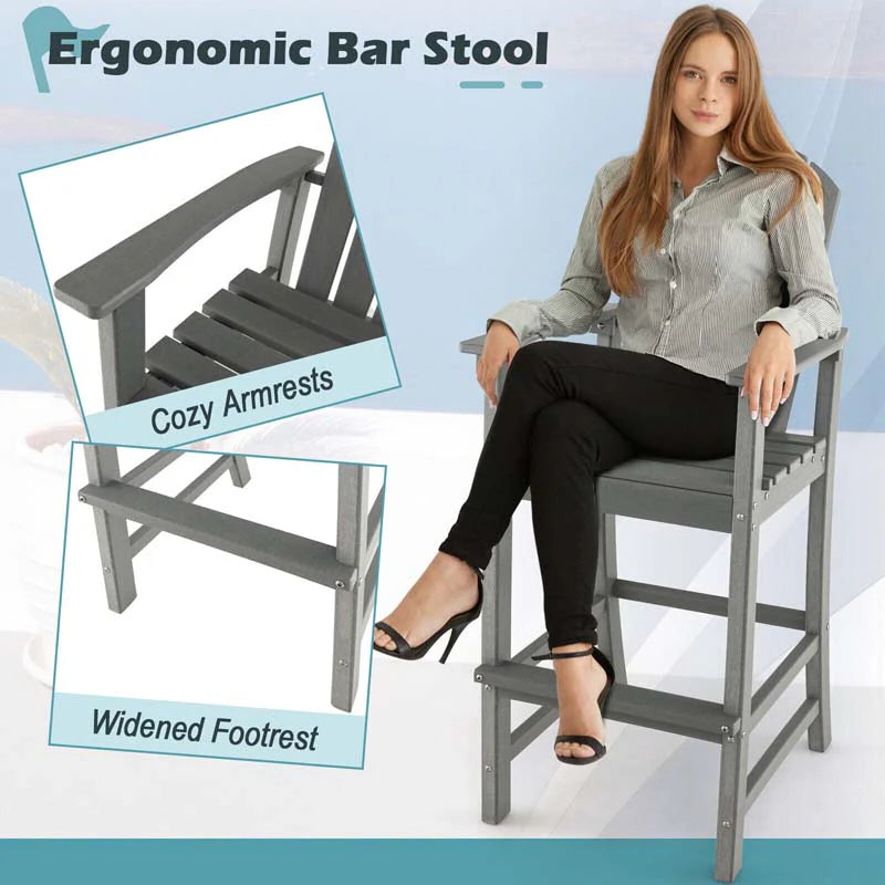 Outdoor HDPE Tall Adirondack Chairs with Armrests & Footrest, 30" Counter Height Bar Stools for Garden Backyard