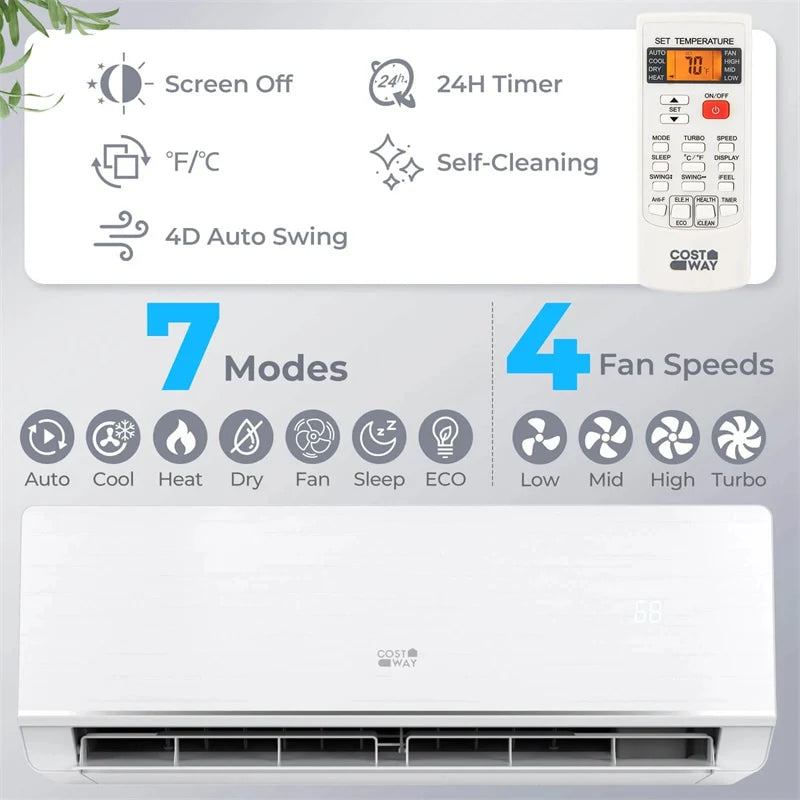Energy Star Certified 12000 BTU 24 SEER2 Mini Split Air Conditioner with Heat Pump, WiFi Enabled Ductless Inverter AC Unit Cools 750 Sq.Ft
