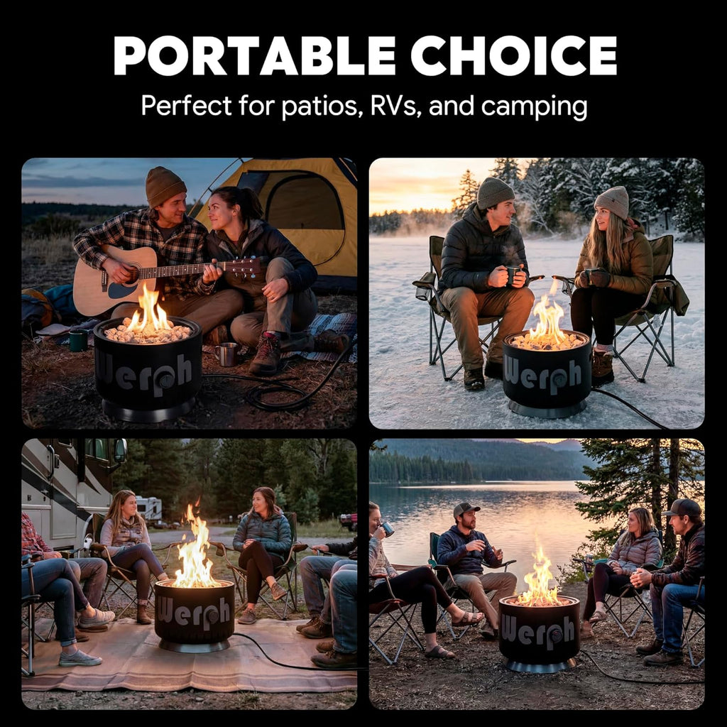 Werph 17-Inch Compact Propane Gas Fire Pit, 58,000 BTU, Lightweight with Locking 2-in-1 Lid & Pumice Stones, Perfect for Camping, RV, Picnic, Fishing, and Backyard, Black