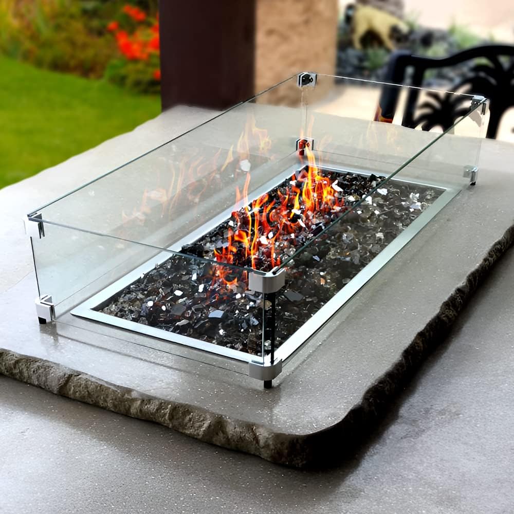 Holy Fire 35.5" L x 15.5" x 6" Rectangle Fire Pit Glass Wind Guard Clear Tempered Glass Flame Protective Pane Wind Resistant - Fits 30��x10 Fire Pit Burner Pan