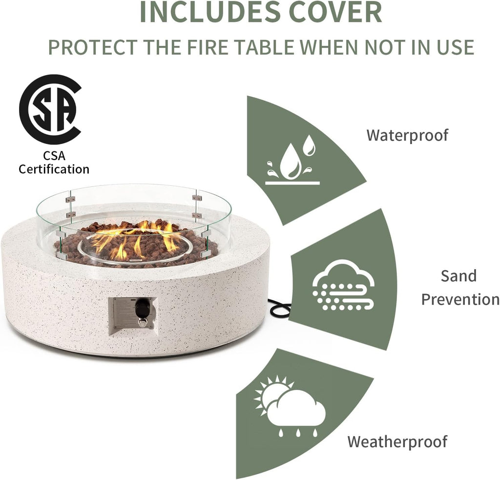 COSIEST 2-Piece Outdoor Propane Firepit Table Set w Tank Table, 42 inch Dark Fire Table Certified, 50,000 BTU w Beige Round Base,Wind Guard and 16 inches Tank Side Table 20lb for Garden,Pool