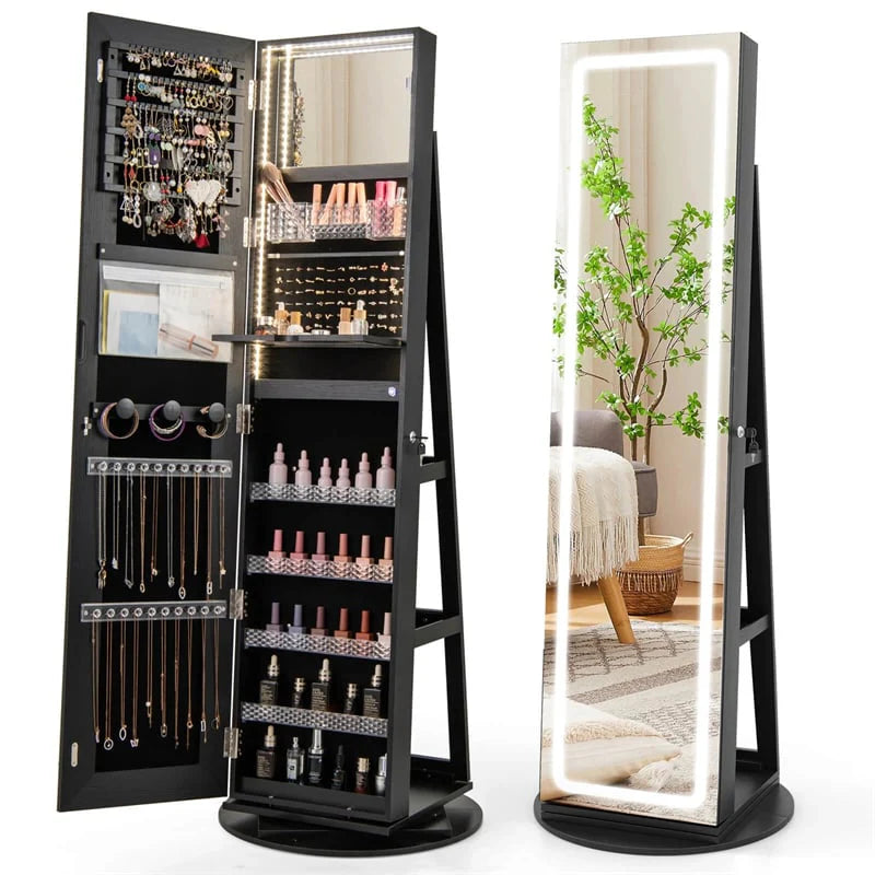360�� Swivel Jewelry Cabinet Armoire w/ Full Length Mirror 3-Color LED Lights & Rear Shelves, Lockable Standing Jewelry Storage Organizer