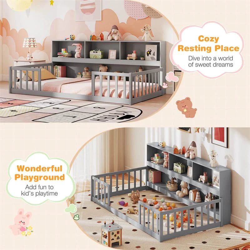 Twin Montessori Floor Bed, Wood Floor Bed Frame with Bookcase, Storage Shelves & Safety Fence Rails for Kids, No Box Spring Needed