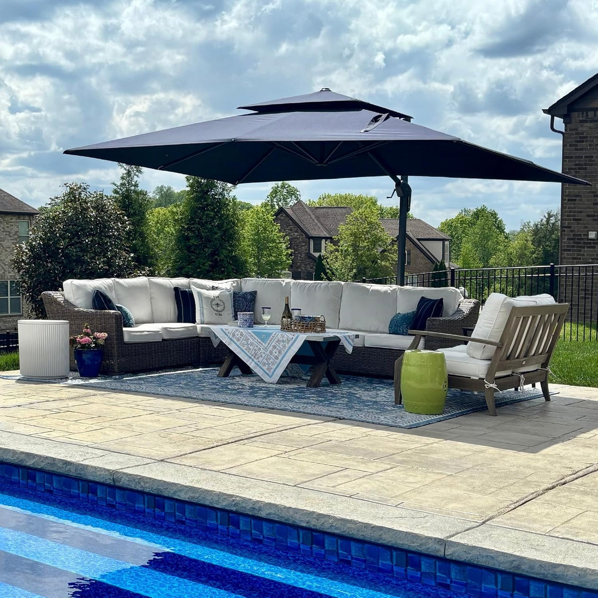PURPLE LEAF 10' X 13' Cantilever Outdoor Umbrellas Large Patio Umbrella Hanging Double Top Rectangle Offset Umbrella with 360°Rotation Tilting Umbrella Outdoor Patio Navy Blue