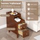 Solid Wood End Table Narrow Bedside Table with Pull-out Tray and 2 Storage Drawers