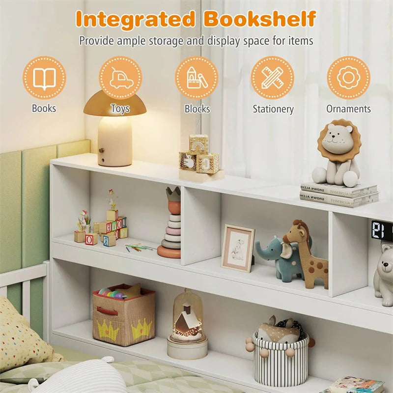 Twin Montessori Floor Bed, Wood Floor Bed Frame with Bookcase, Storage Shelves & Safety Fence Rails for Kids, No Box Spring Needed