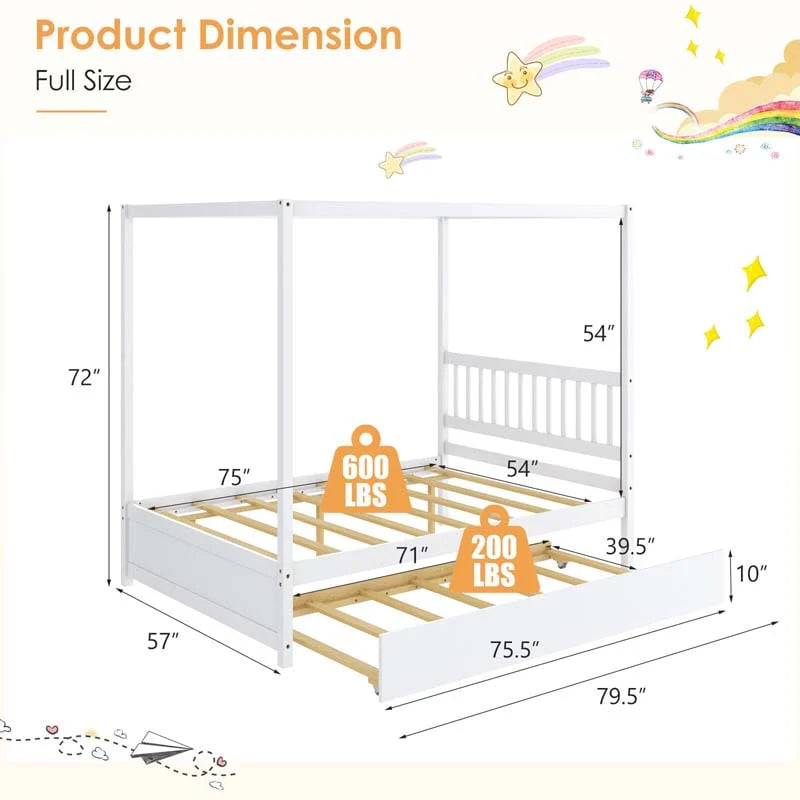 Full Size Canopy Bed with Trundle, Solid Wood Platform Bed Frame with Headboard, Full Bed for Kids Teens Adults