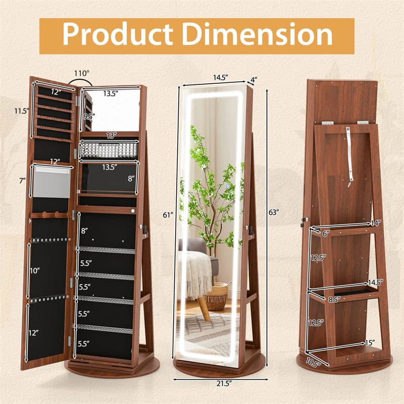 360�� Swivel Jewelry Cabinet Armoire w/ Full Length Mirror 3-Color LED Lights & Rear Shelves, Lockable Standing Jewelry Storage Organizer