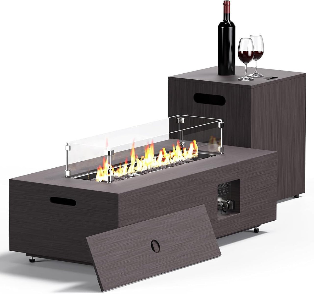 Jocoevol Fire Pit Table 50,000 BTU 42" Rectangular Propane Fire Pit Outdoor with Wind Guard Glass, Lid, Rocks and Cover Gas Fireplace for Deck or Patio