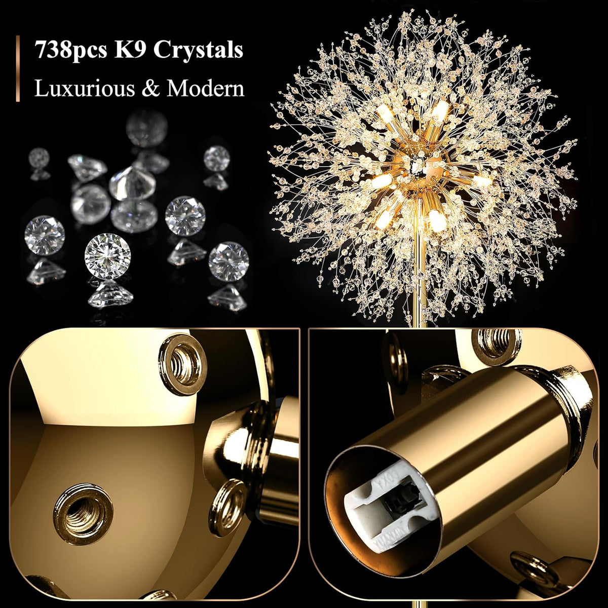 BesLowe 69'' Crystal Floor Lamp for Living Room, Modern Standing Lamp with 738PCS K9 Crystals, Tall Lamp Pole Light for Bedroom Office, Mid Century Gold Floor Lighting with 9 LED Bulbs, Antique Brass