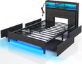 Queen-sized bed frame with storage headboard, metal platform bed with charging device, LED bed frame with 4 drawers, bookcase-style storage cabinet, no spring bed, easy to assemble, noise-free, black