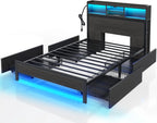 Queen-sized bed frame with storage headboard, metal platform bed with charging device, LED bed frame with 4 drawers, bookcase-style storage cabinet, no spring bed, easy to assemble, noise-free, black