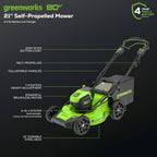 Greenworks 80V 21�� Brushless (Self-Propelled) Cordless Electric Lawn Mower + (580 CFM) Axial Leaf Blower (75+ Compatible Tools)  4.0Ah Battery and 60 Minute Rapid Charger  Green and Black