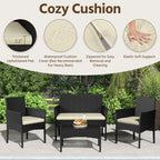 Yaheetech Patio Furniture Set 4 Pieces Conversation Sets, Rattan Chair Wicker Set Loveseat with Soft Cushion and Glass Table for Backyard Porch Garden Poolside Balcony, Black and Beige