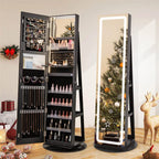 360�� Swivel Jewelry Cabinet Armoire w/ Full Length Mirror 3-Color LED Lights & Rear Shelves, Lockable Standing Jewelry Storage Organizer