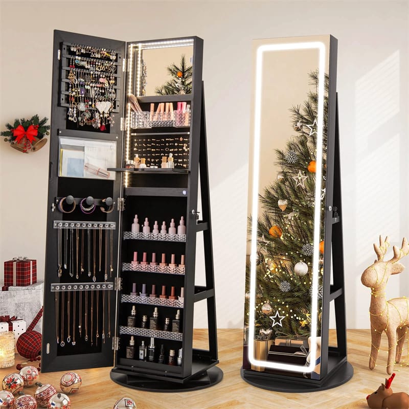 360�� Swivel Jewelry Cabinet Armoire w/ Full Length Mirror 3-Color LED Lights & Rear Shelves, Lockable Standing Jewelry Storage Organizer