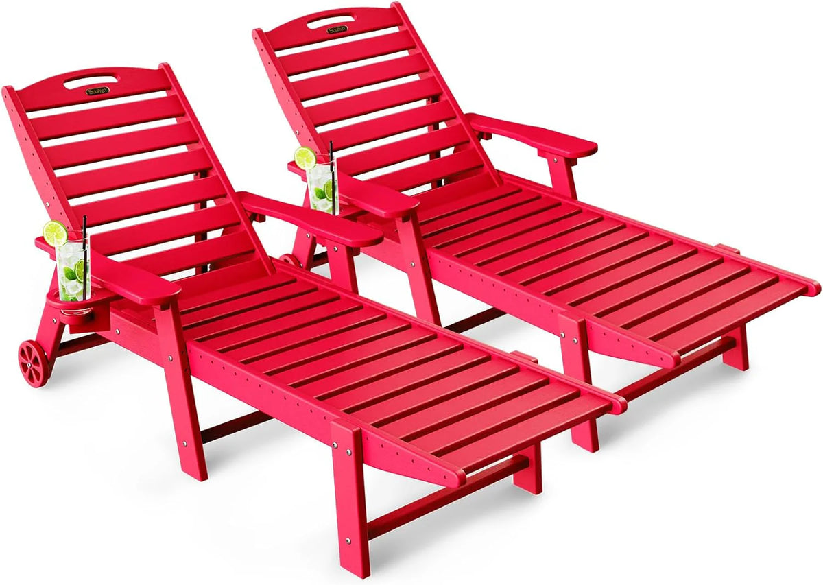 Lounge Chair Outdoor, Chaise Lounge, HDPE 6-Position Outdoor Chaise Lounge, Patio Lounge Chair with Wheels & Cup Holder for Pool Poolside Deck Backyard, Teak