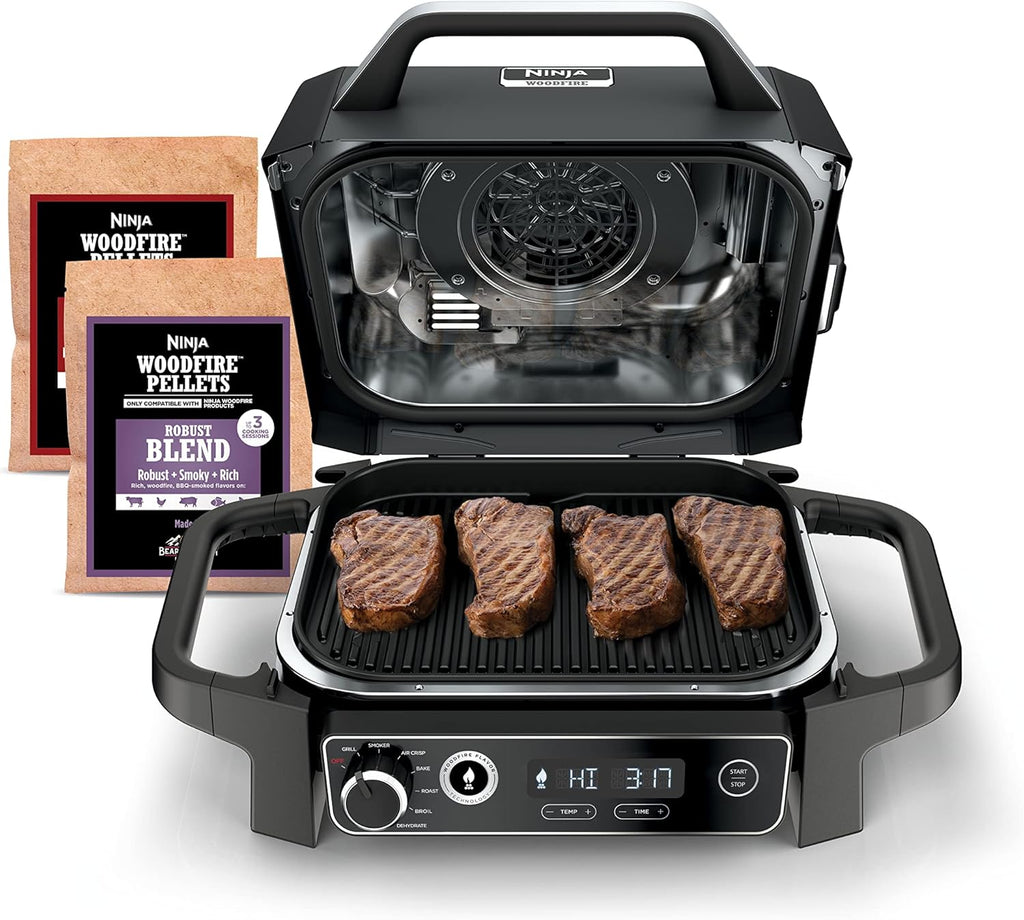 Ninja | Woodfire Series | 7-in-1 (Grill  BBQ  Roast  Air Fry  Dehydrate  Broil  Smoke) | Portable & Weather Resistant | Cook Up To 6 Steaks & 30 Hot Dogs | Woodfire Pellets included | OG701