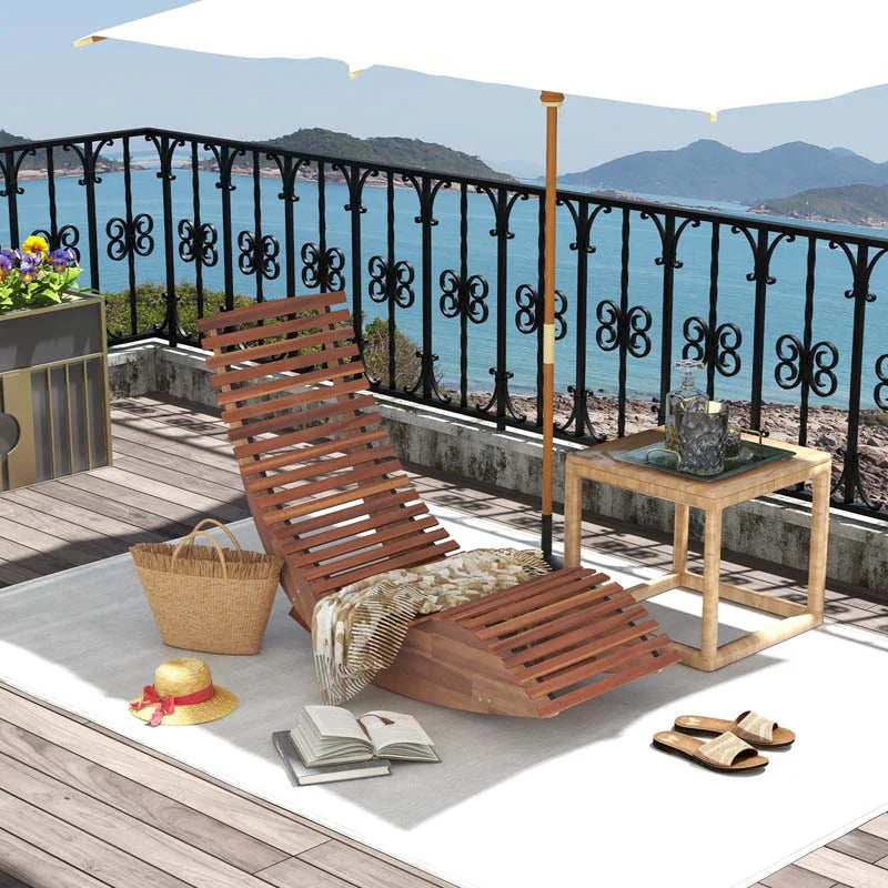 Acacia Wood Outdoor Patio Rocking Chair with Widened Slatted Seat & High Back, Porch Rocker Sun Lounger for Backyard Garden