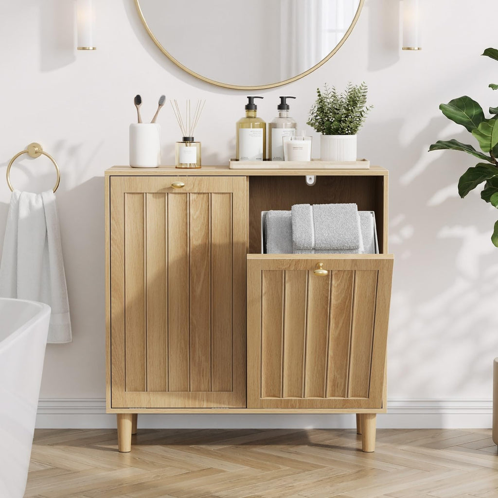 Oak Sloping Laundry Hamper Cabinet with 2 Removable Liners, Freestanding MDF Tilt-Out Storage Cabinet with Anti-Tipping Kit, Concealed Bathroom & Laundry Room Organizer, 27.8" H x 27.4" L x 13.8" D