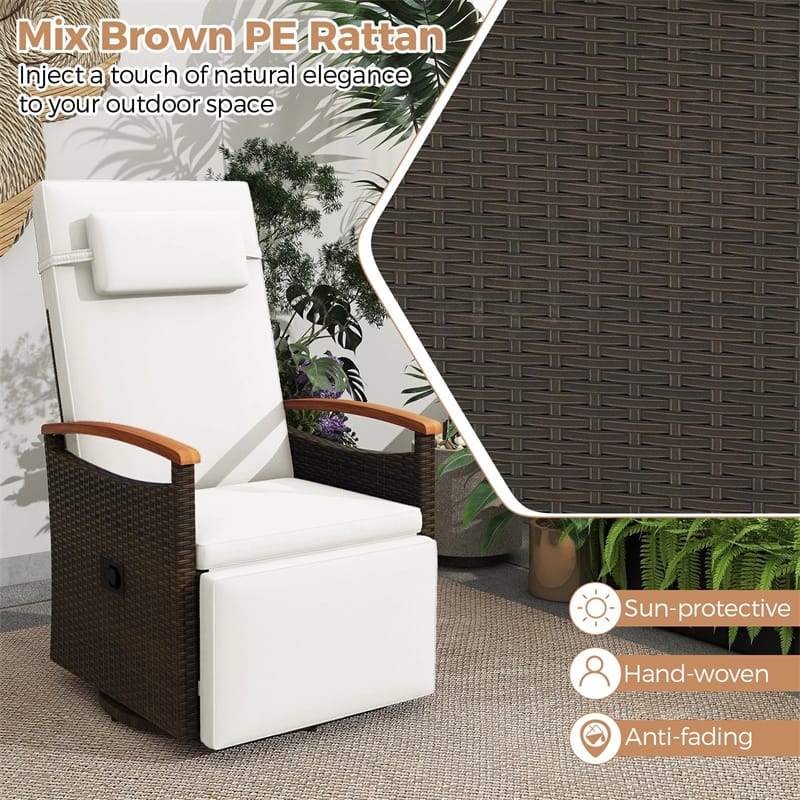 Outdoor Rattan 360�� Swivel Recliner Chair, Patio Wicker Chaise Lounge Chair with Adjustable Backrest & Footrest, Flip Side Table & Cushions