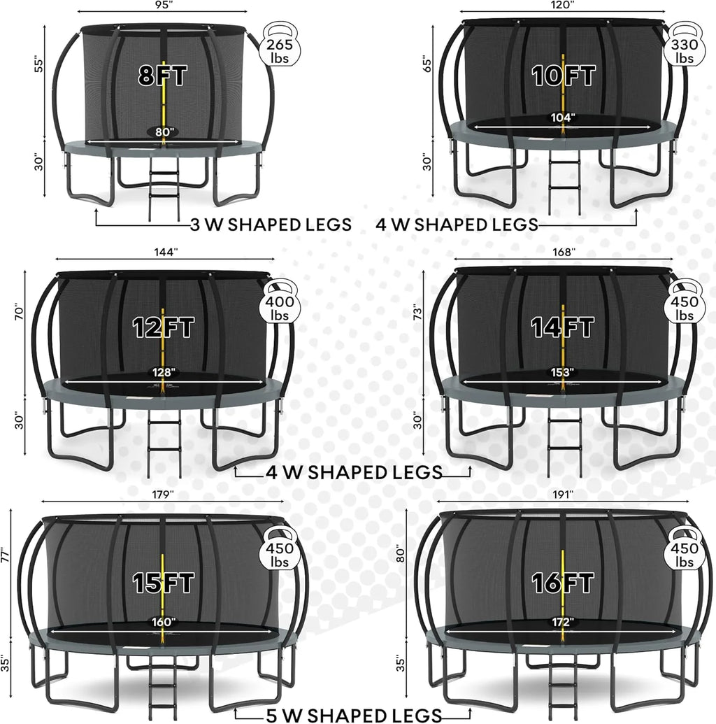 JUMPZYLLA Trampoline 8FT 10FT 12FT 14FT 15FT 16FT Trampoline with Enclosure - Recreational Trampolines with Ladder and AntiRust Coating, ASTM Approval Outdoor Trampoline for Kids