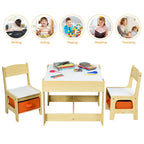 3-in-1 Kids Wood Table Chairs Set with Blackboard & Storage Drawers, Children Multi Activity Table for Learning Playing Drawing