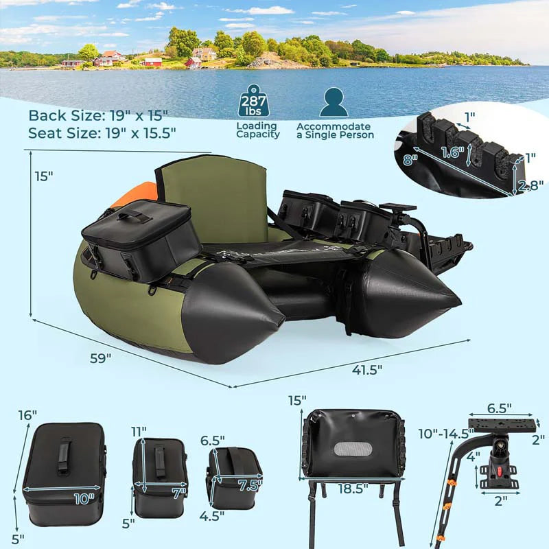 Inflatable Fishing Float Tube, 350LBS Portable Belly Boat with Rod Rack Basket, Fish Finder Holder, Fish Ruler, 3 Storage Boxes & Pump