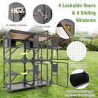 72 Inch Large Wooden Cat House Catio Kitten Enclosure on Wheels with Weatherproof Asphalt Roof