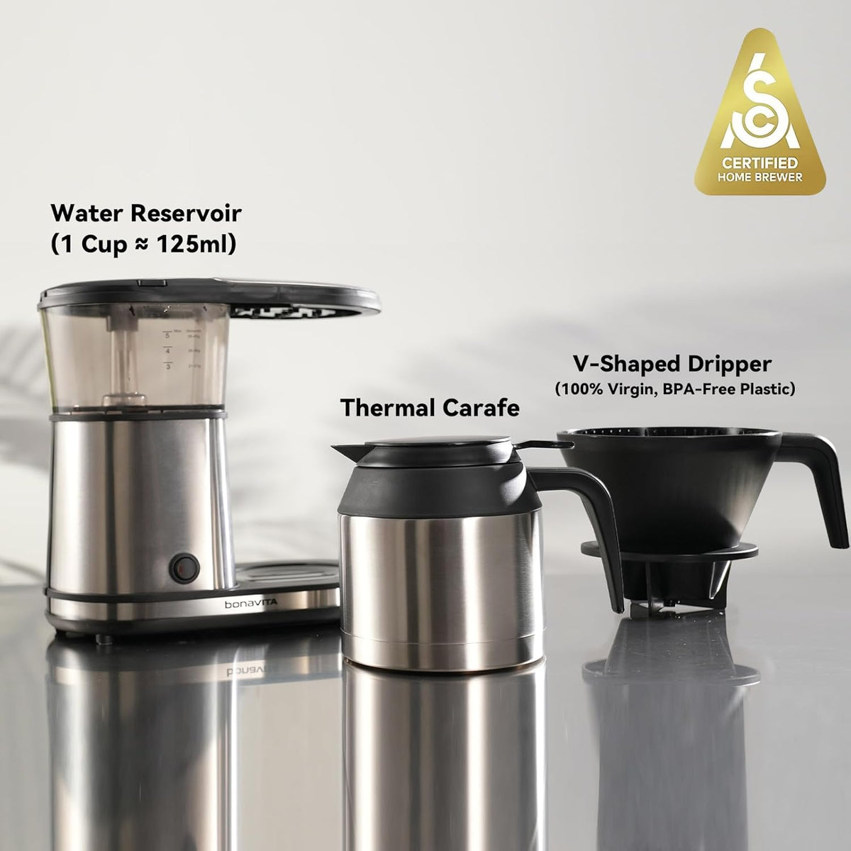 Bonavita 5 Cup Drip Coffee Maker Machine, One-Touch Pour Over, Auto Pause Brewing with Stainless Steel Double Wall Thermal Carafe, SCA Certified, Dishwasher Safe, BV1500TS