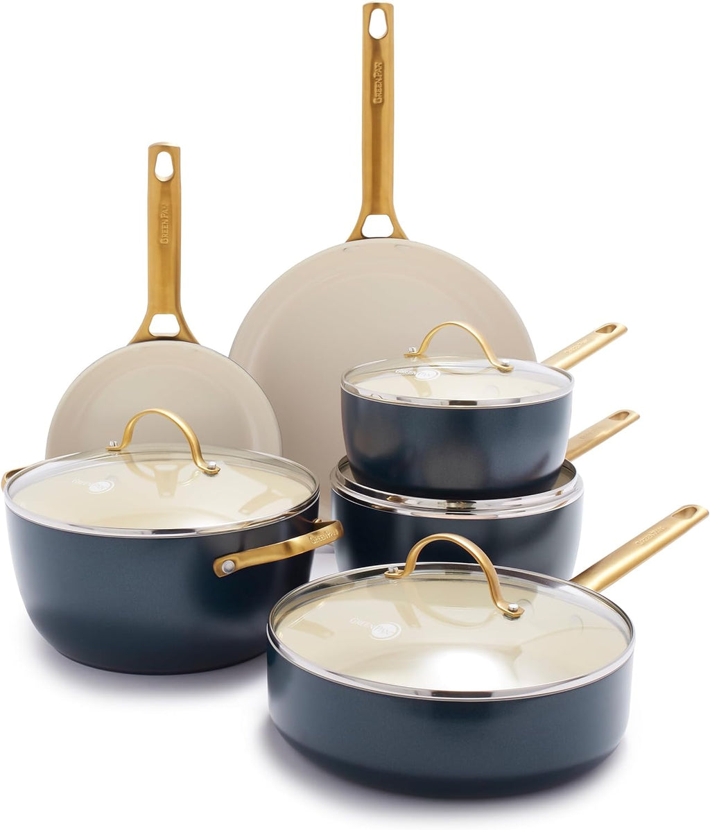 Reserve Hard Anodized Healthy Ceramic Nonstick 10 Piece Cookware Pots and Pans Set, Gold Handle, PFAS-Free, Dishwasher Safe, Oven Safe, Black