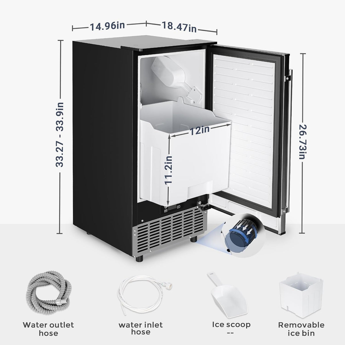 Commercial Under Counter Ice Maker Machine, 80Lbs/Day with 24lbs Ice Storage, Built-in Drain Pump/Automatic Cleaning/Timing Setting/Smart LCD Panel, Ideal for Both Home and Commercial Use