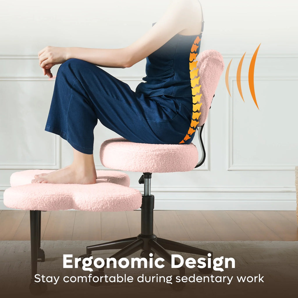 Pinmoco Ergonomic Cross Legged Swivel Chair, Adjustable Height and Teddy Fabric, Meditation& ADHD Chair with Back Support, Home and Office, Off White