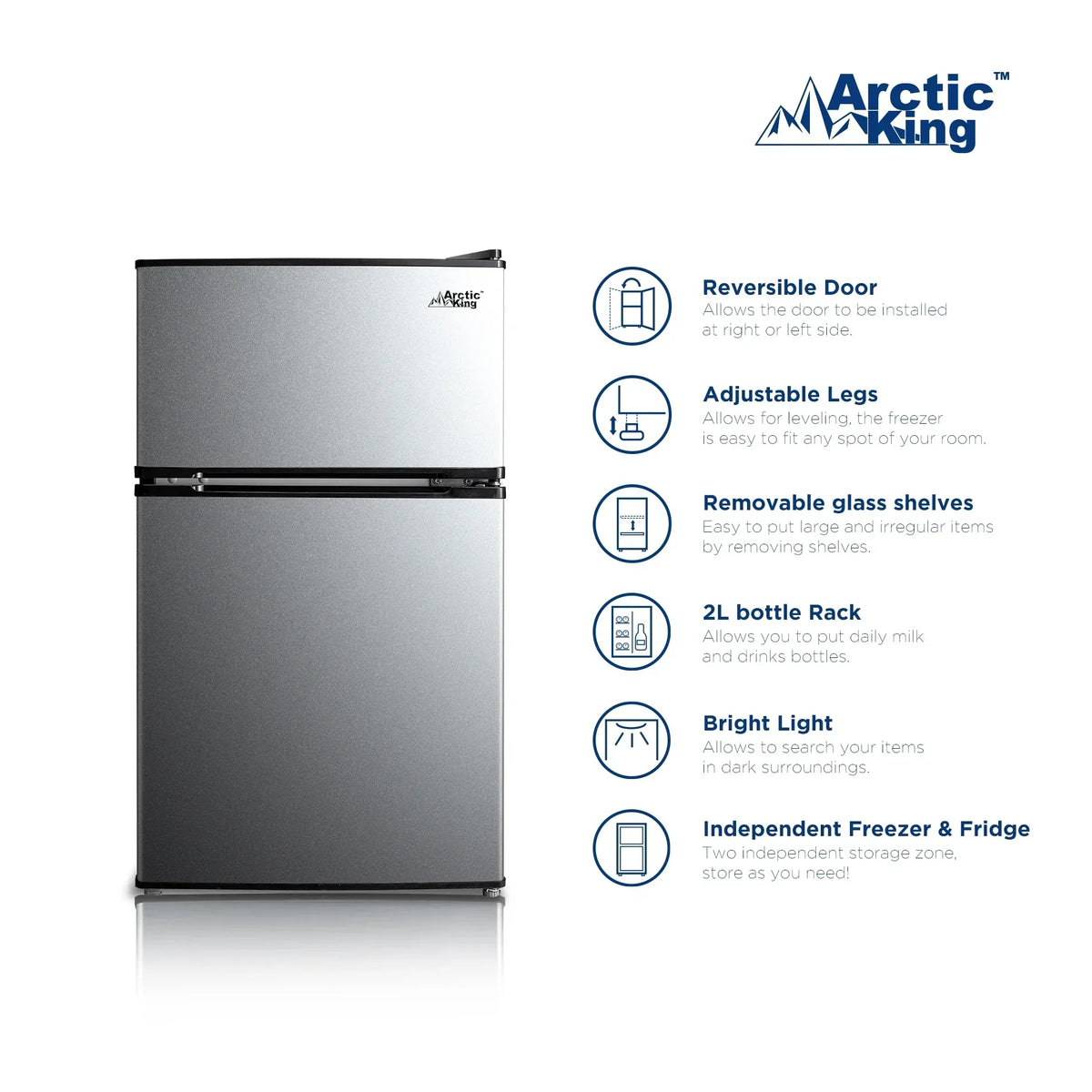 Arctic King 3.2 Cu ft Two Door Mini Fridge with Freezer, Stainless Steel, E-Star