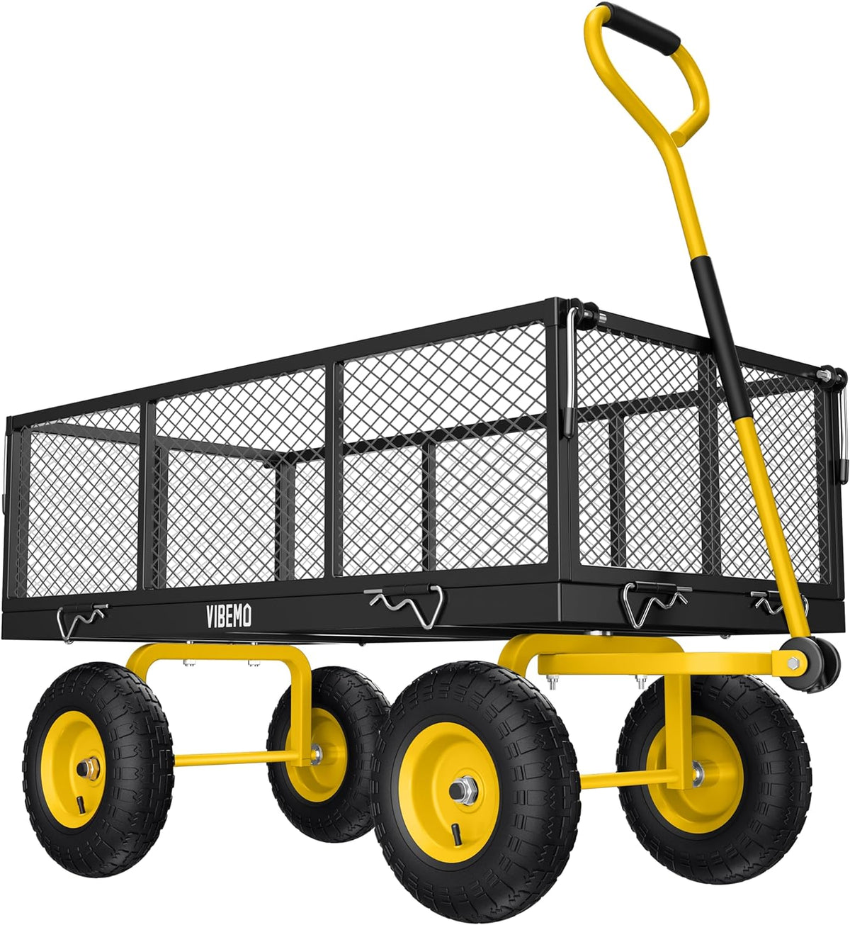 Steel Garden Cart, 2-in-1 1400 lbs Heavy Duty Utility Wagon, with Removable Mesh Sides to Convert into Flatbed, 240° U-Turn 13" Pneumatic Tires Garden Wagon for Farm Yard Lawn Garden Camping
