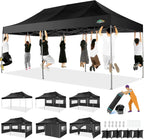 COBIZI 10x20 Heavy Duty Pop up Canopy Tent with 6 sidewalls Easy Up Commercial Outdoor Canopy Wedding Party Tents for Parties All Season Wind & Waterproof Gazebo with Roller Bag,Black(Frame Thickened)